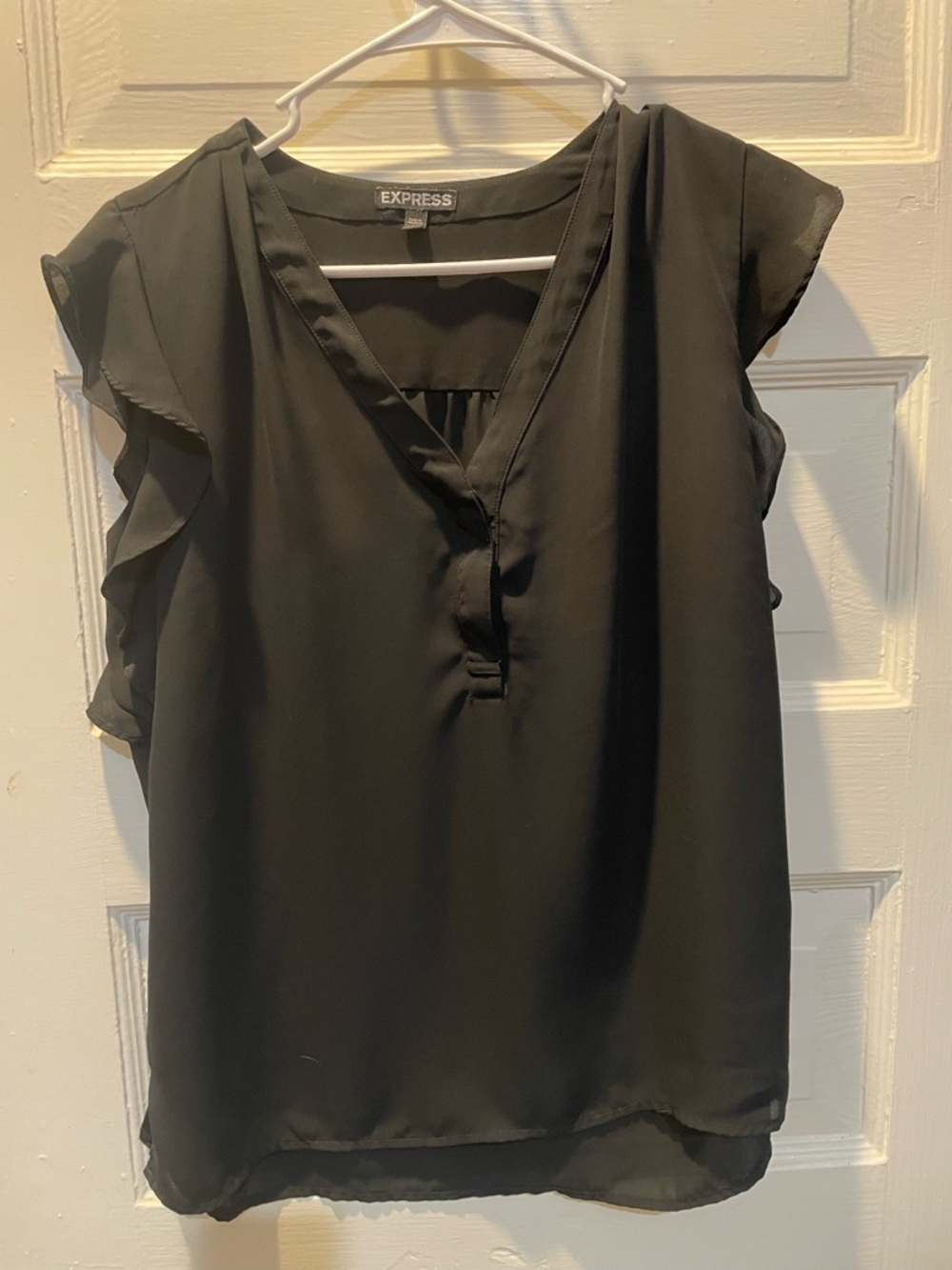 Express Black Ruffle Sleeve V-Neck Blouse, Size Large